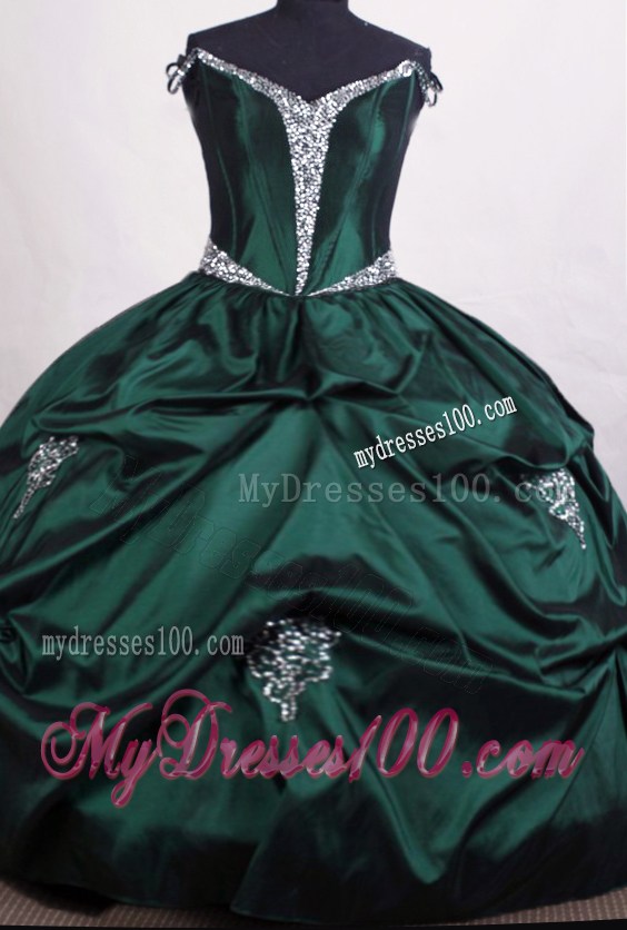 Rhinestones and Pick-ups Decorate Off Shoulder Dresses Of 15 in Dark Green